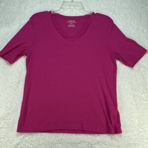 CHICOS Tee Womens Medium Pink The Ultimate Tee V-Neck Short Sleeve Cotton